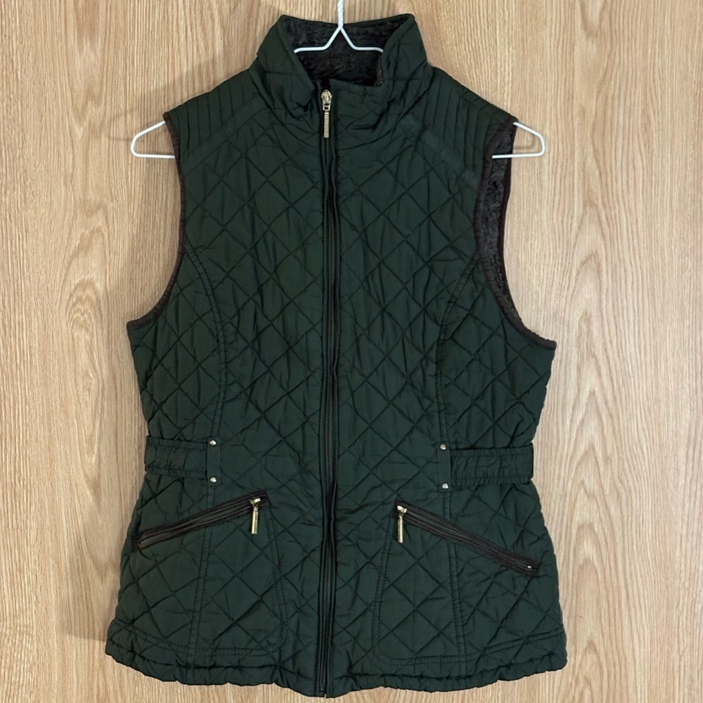 Weatherproof Olive Green Insulated Full Zip Puffer Vest with Brown Fur Lining